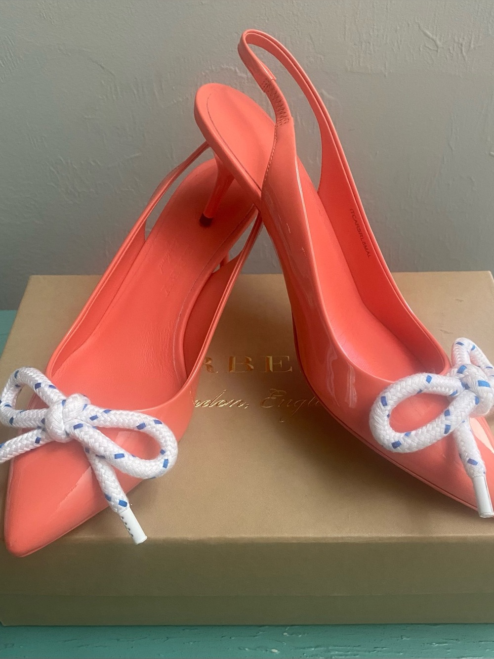 NWBox BURBERRY Coral Slingback Pointed Toe Heels w/White Rope Bow ITALY Sz37.5